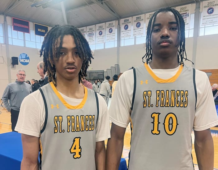 After each won a Maryland public state boys basketball championship last year, Josiah LeGree (left) and Trent Egbiremolen helped St. Frances to a 11th Baltimore Catholic League Tournament title last weekend. Egbiremolen was named to the all-tournament team while LeGree was the tourney’s Most Valuable Player.